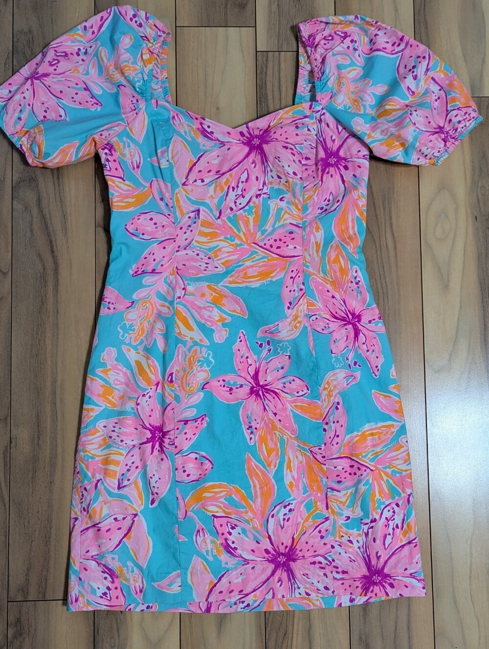 EUC! Lilly Pulitzer Lunetta Short Sleeve Dress Surf Blue Bonita Blooms Size 4